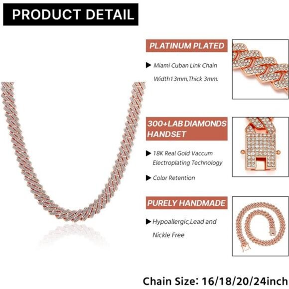 Rose Gold Cuban Link Chain For Men Women Iced Out Chain Miami Cuban Necklace - Picture 5 of 5